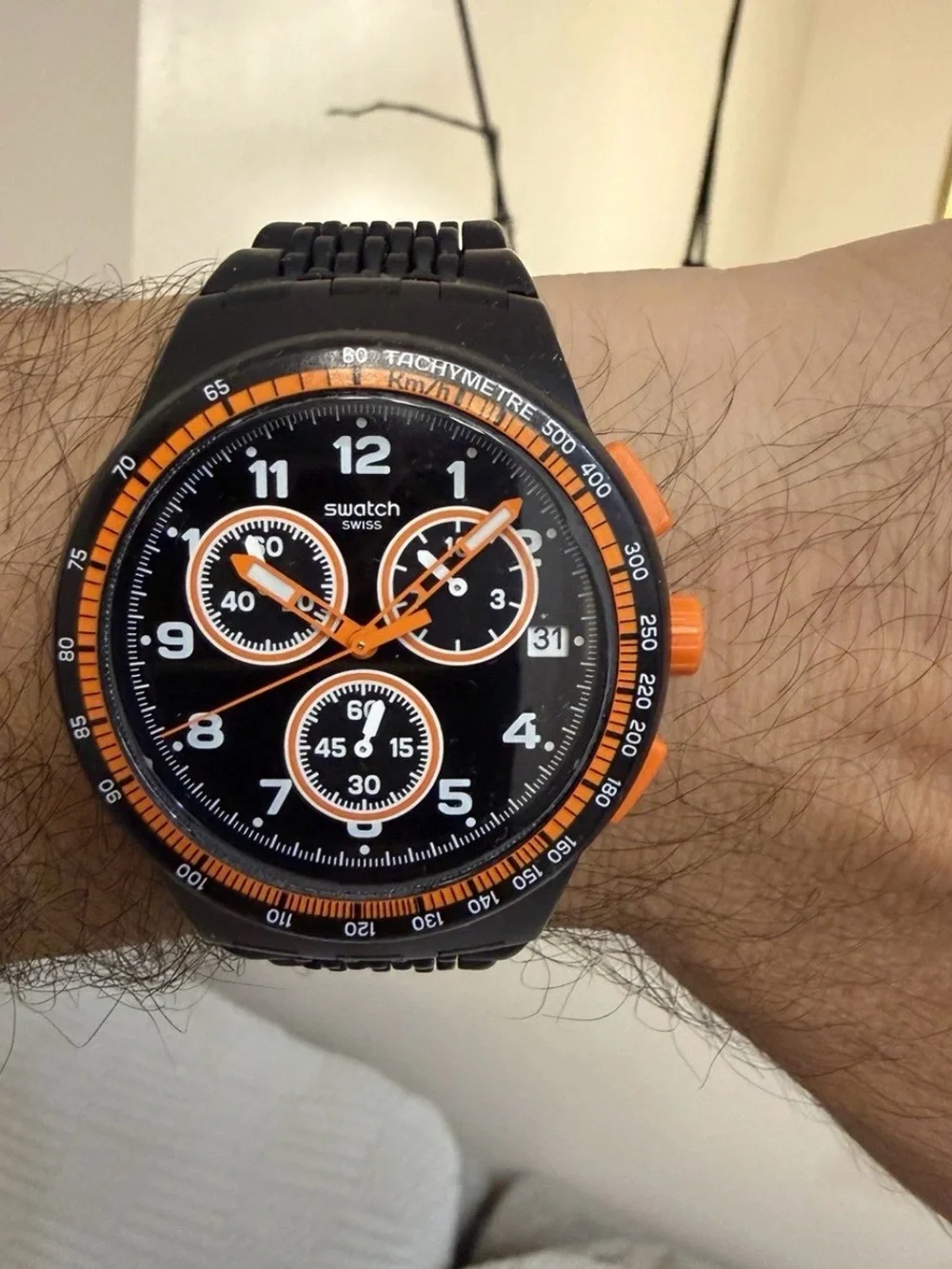 Swatch Nerolino Chronograph Men Watch SUSB408 Black Orange 4 Jewels Swiss Made